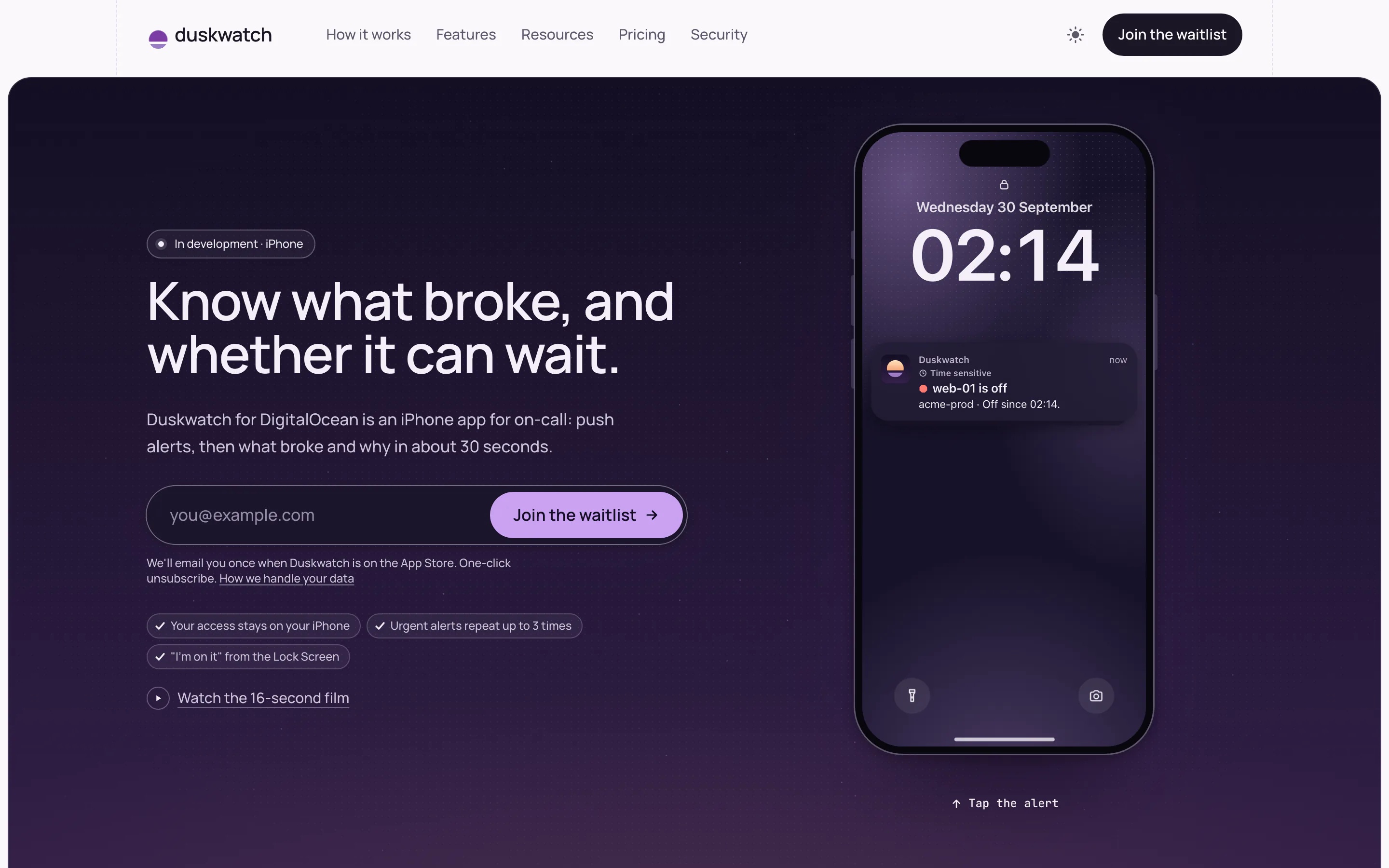 Duskwatch home page with an iPhone Lock Screen showing an on-call alert that a server is off