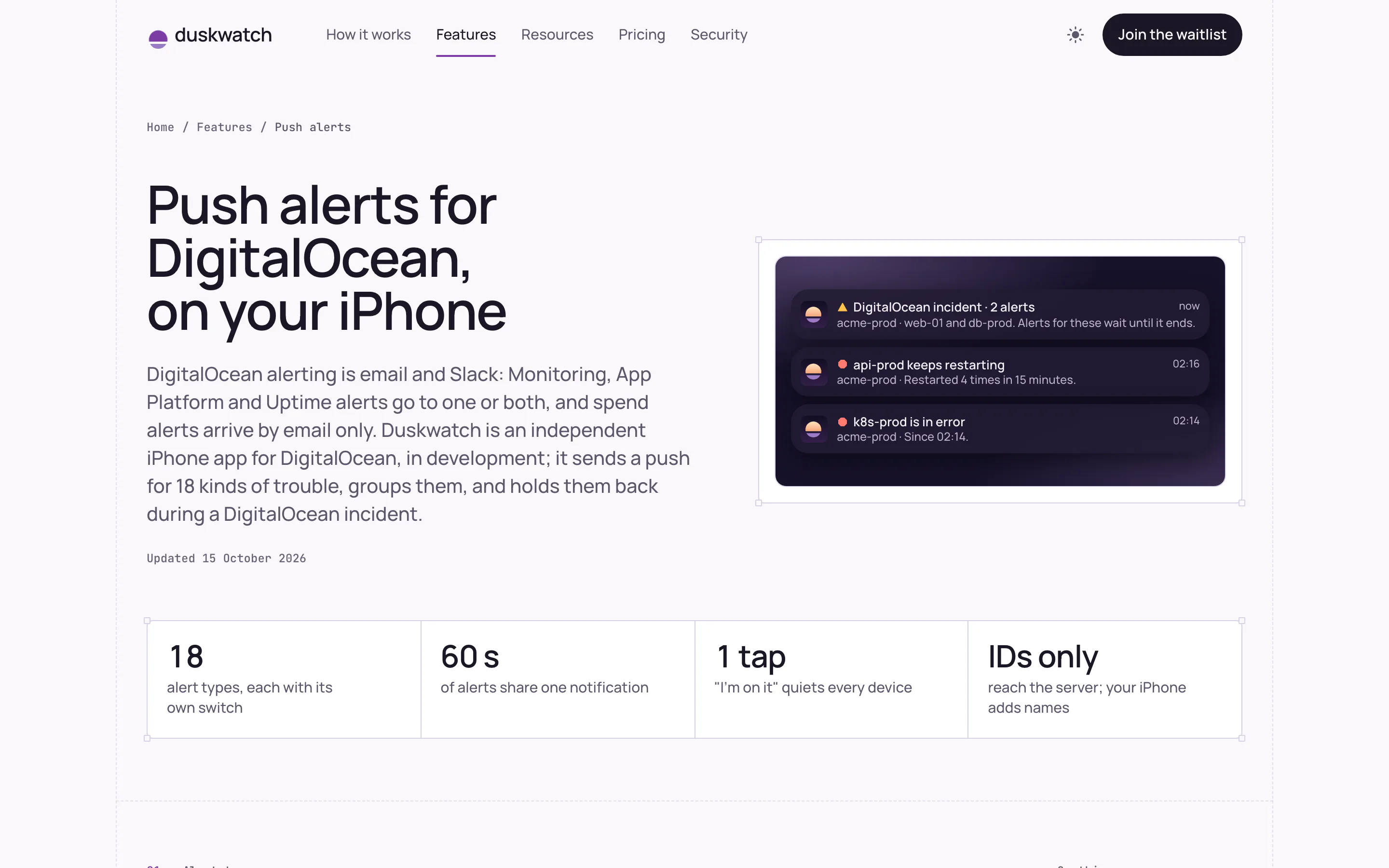Duskwatch push alerts grouped into one notification during an incident, with key numbers below