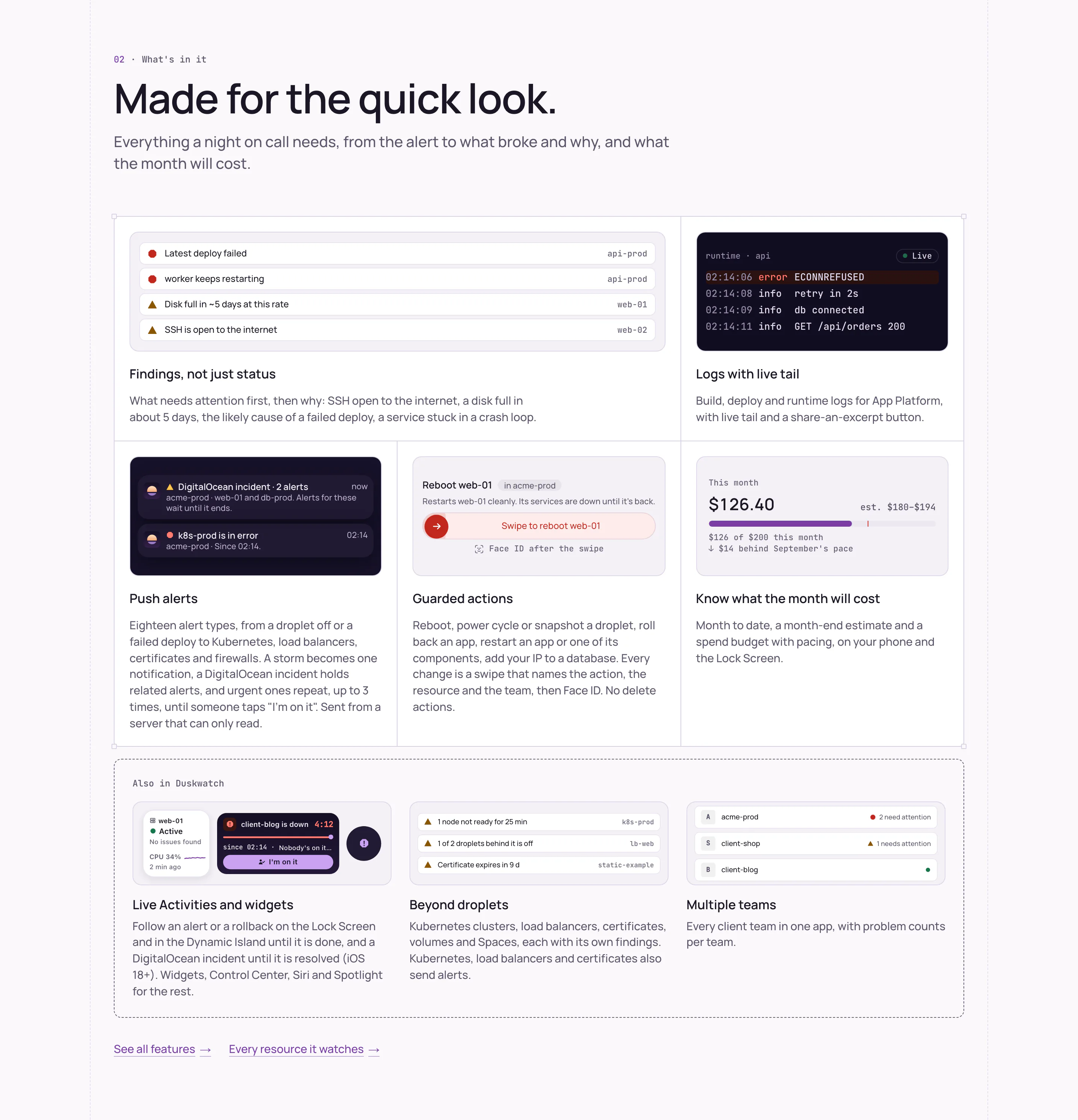 Duskwatch features: findings, live logs, push alerts, a guarded swipe action and a monthly cost estimate