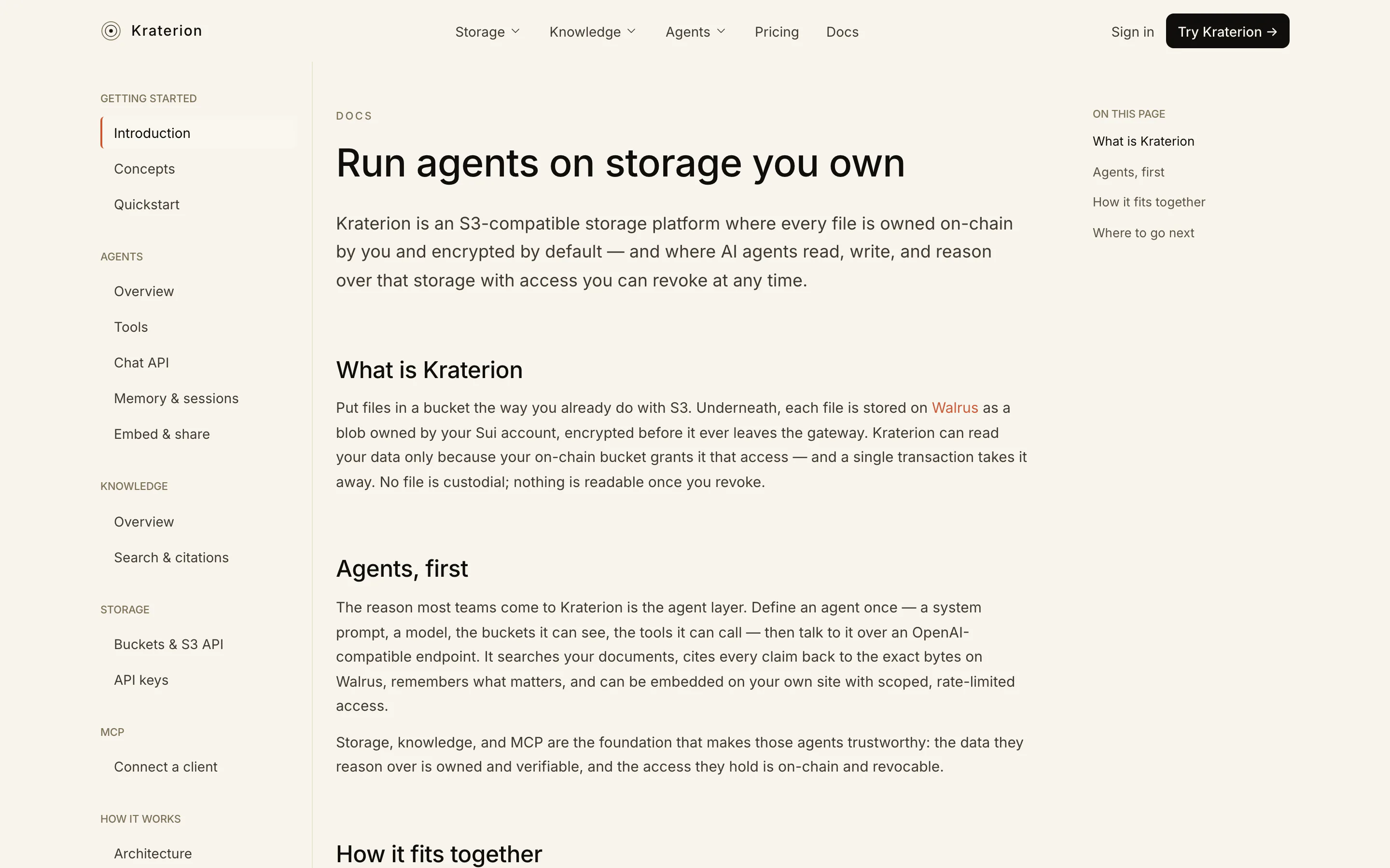 Kraterion documentation introduction page with sidebar navigation