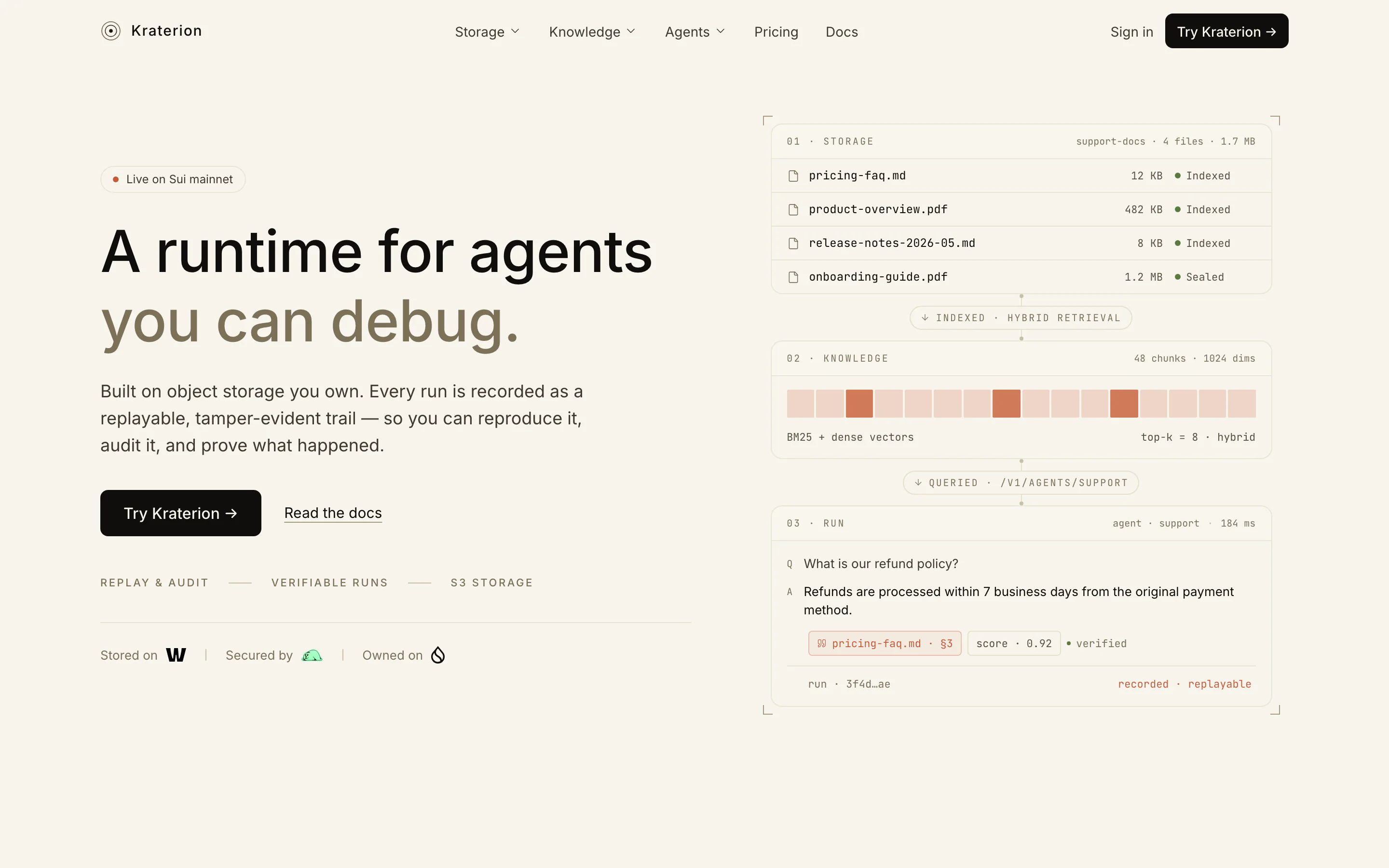 Kraterion home page: files in storage, indexed into knowledge, and an agent run that cites its source