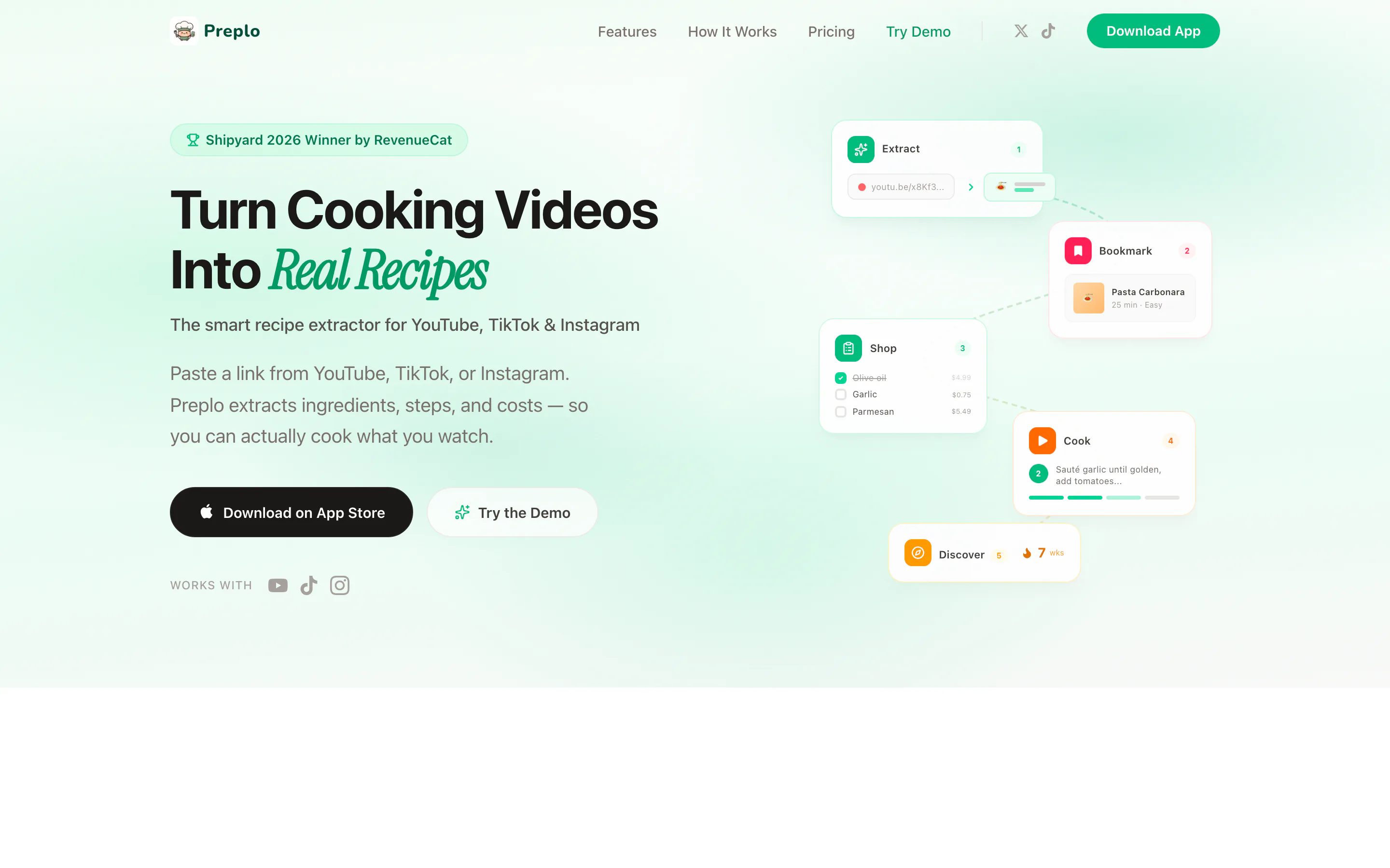 Preplo home page with the Shipyard 2026 winner badge and cards for extracting, saving, shopping and cooking