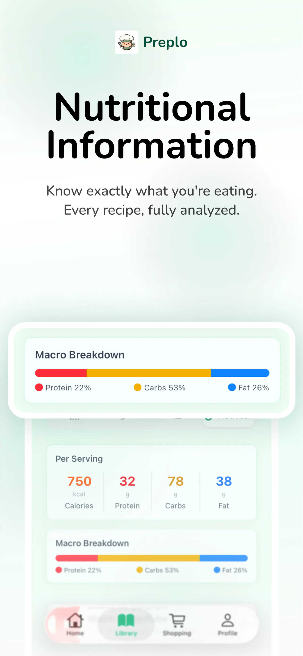 Preplo nutrition view with calories, protein, carbs and fat per serving