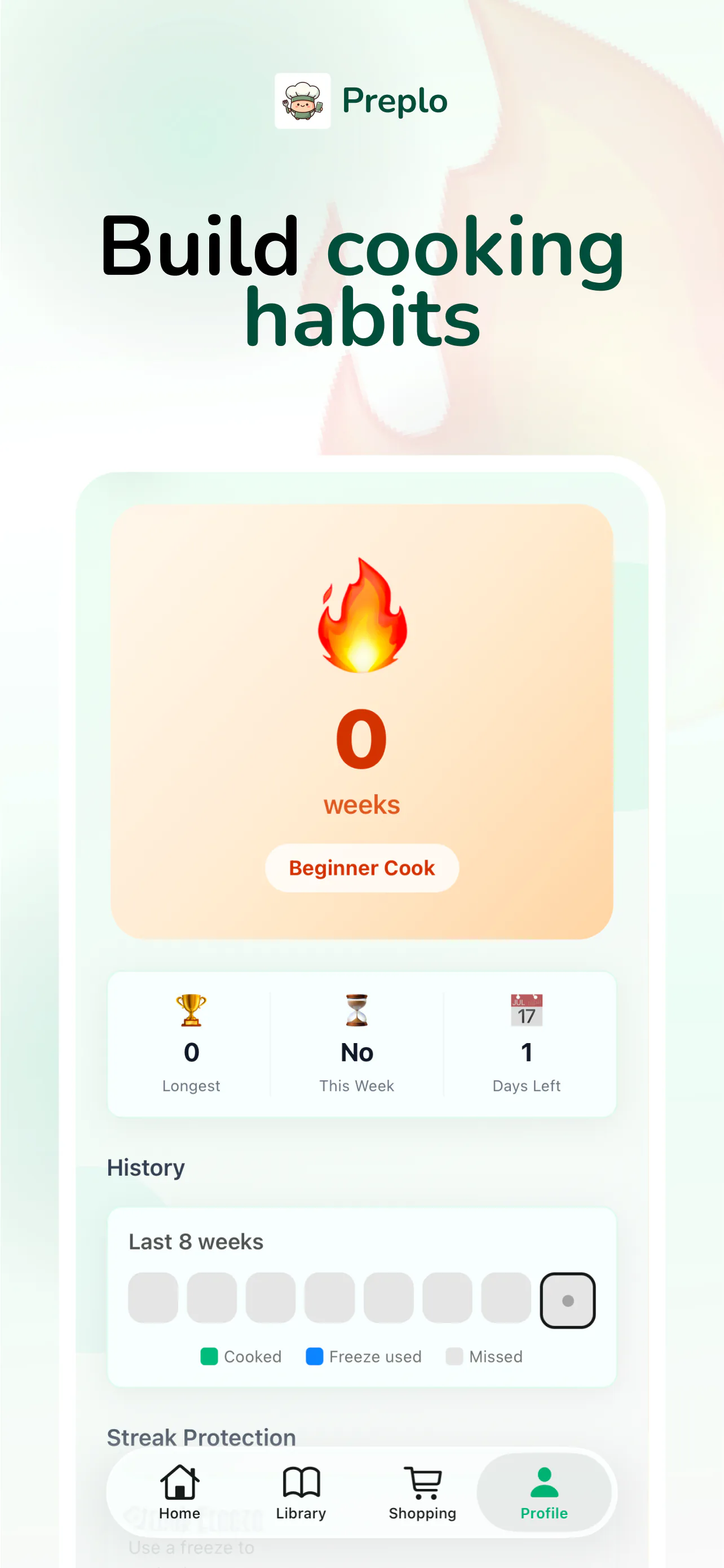 Preplo cooking streak screen with a tier badge and weekly history