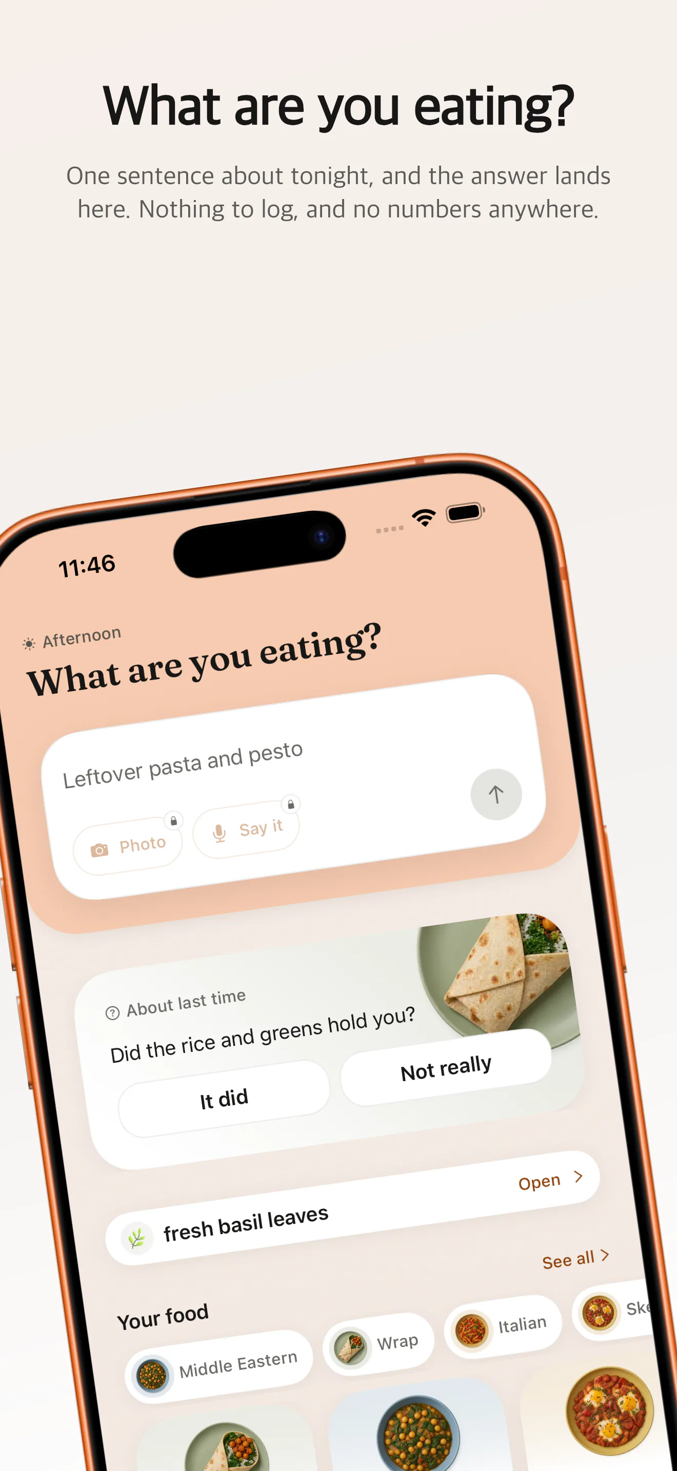 Just Add home screen asking what you are eating, with leftover pasta and pesto typed in