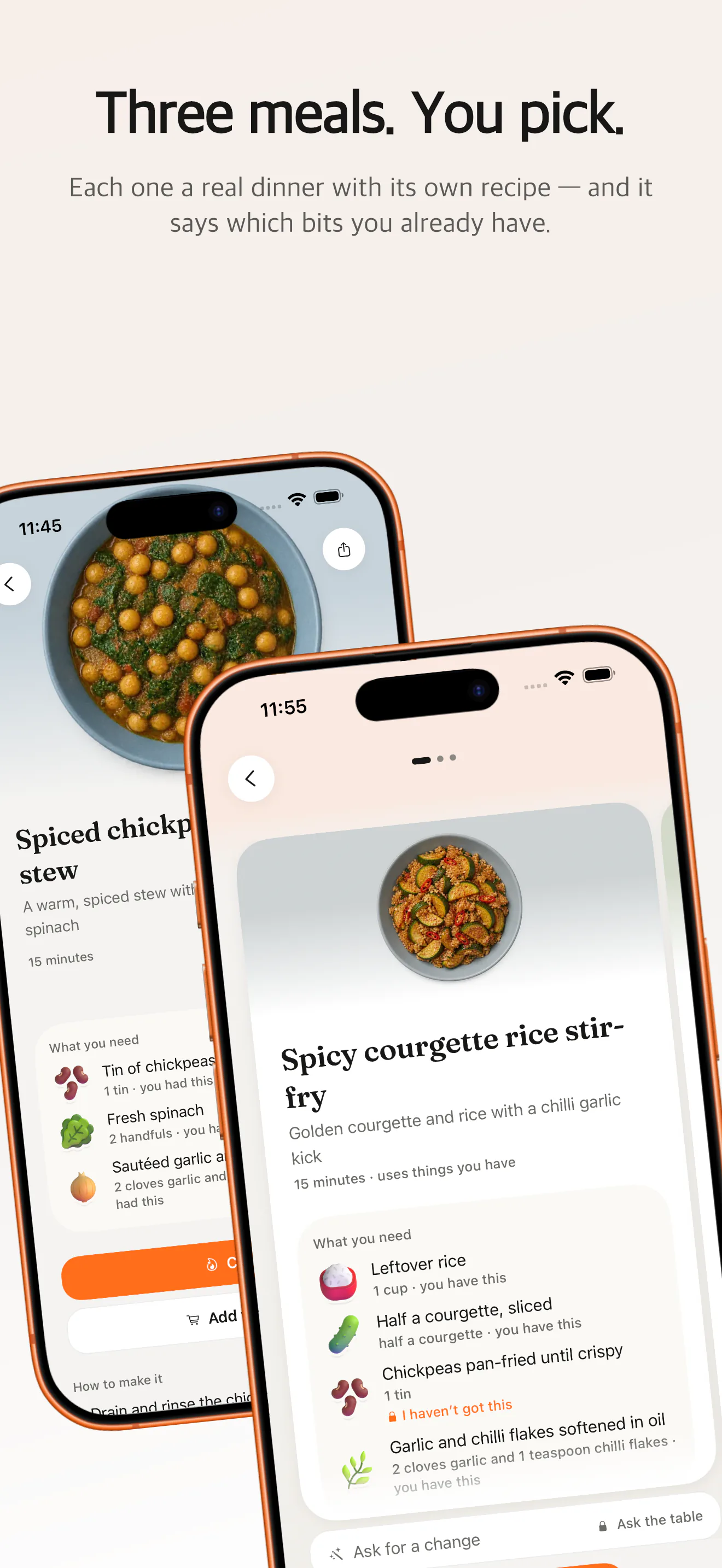 Just Add offering dinner options built from food you already have, each marked with what you have