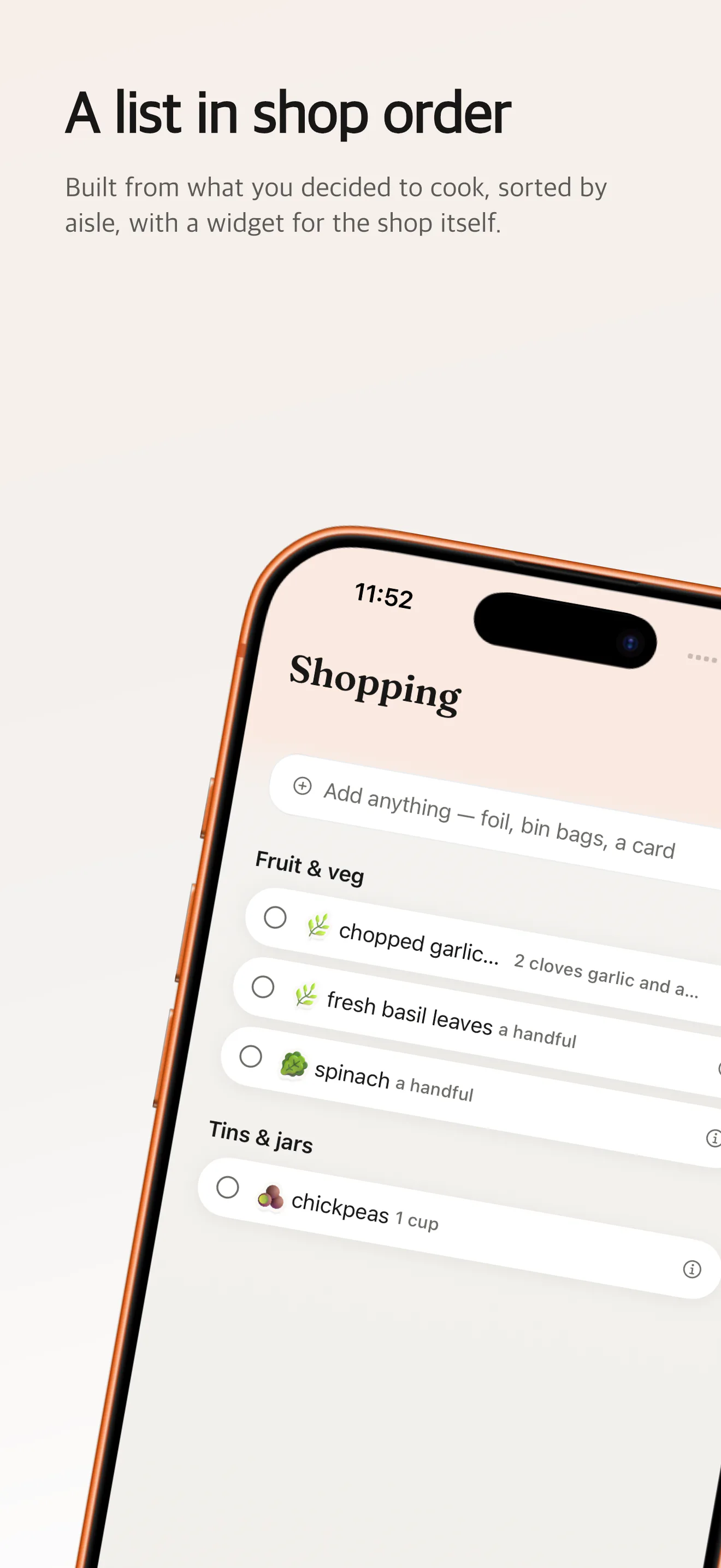 Just Add shopping list sorted in the order of the shop aisles