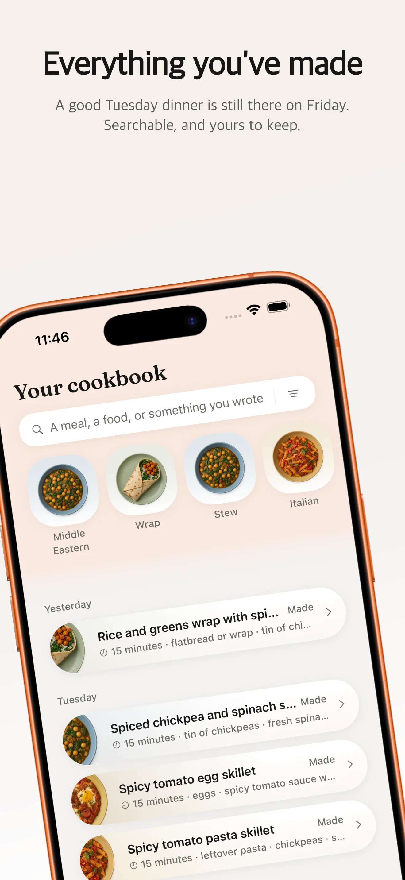 Just Add cookbook of past meals with search