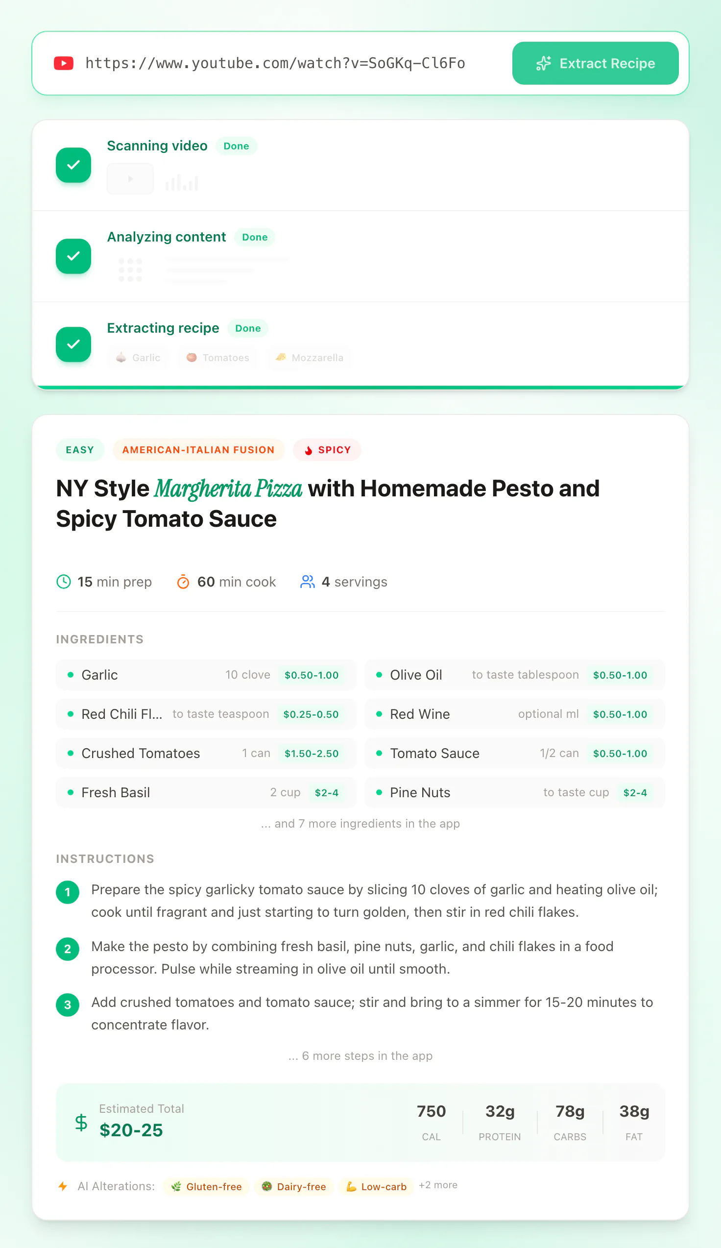 Preplo turning a YouTube cooking video into a recipe with ingredients, costs, steps and nutrition