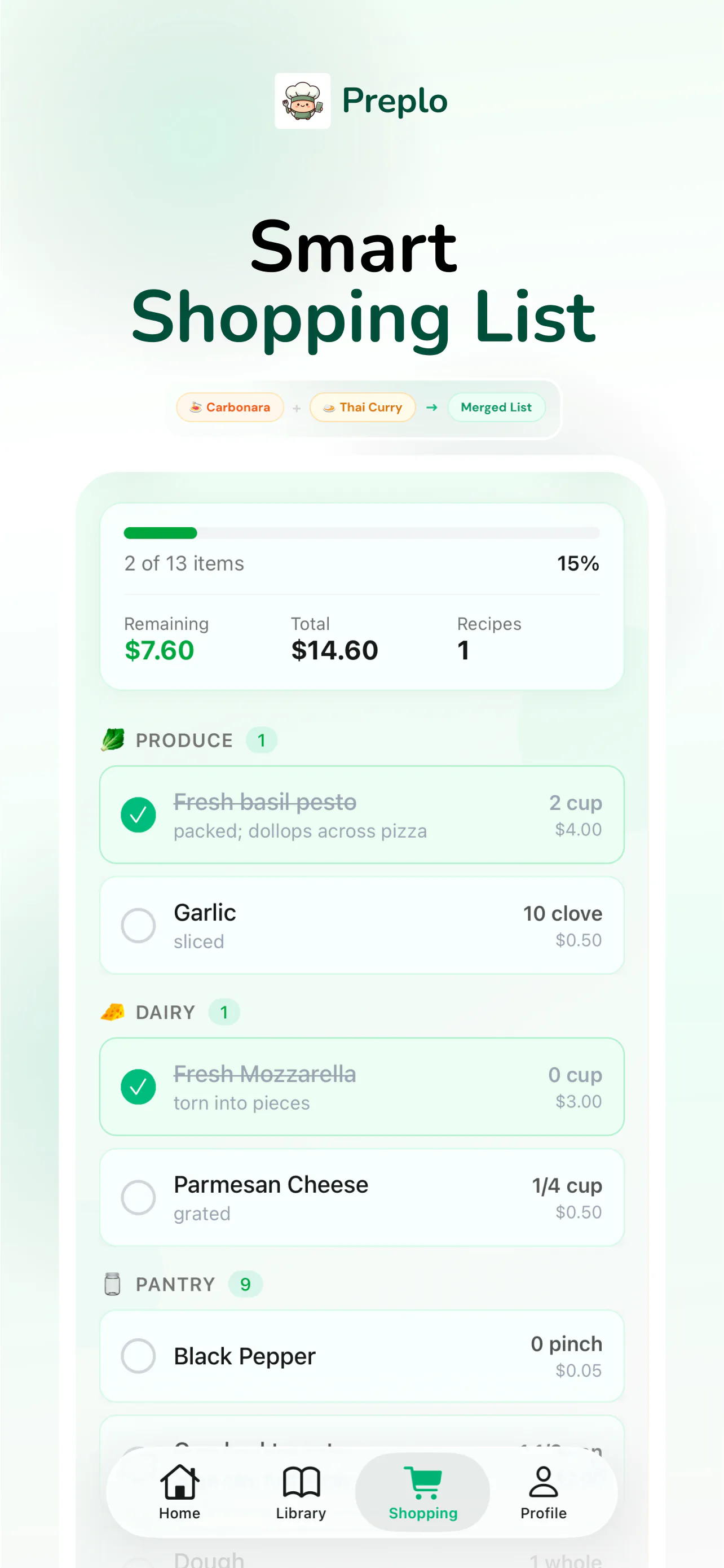 Preplo shopping list grouped by aisle, with prices, progress and a running total